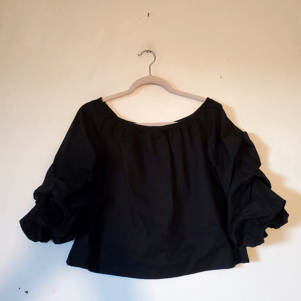 Ambiance Black Cotton Cropped Top Puff Sleeves Women Size Medium NWOT